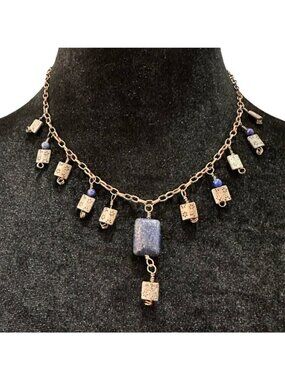 Handcrafted Gold Tone Chain Necklace With Blue Stone Textured Bead Dangles